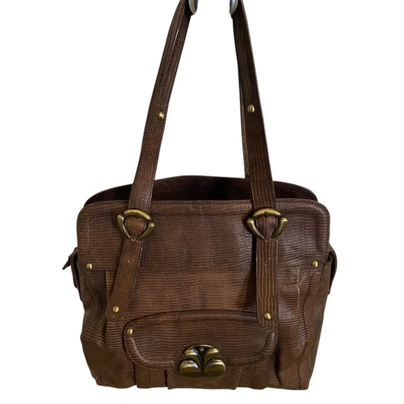 BARBARA MILANO Brown Large Lizard Embossed Leather Shoulder HandbagMade in Italy - Picture 2 of 15
